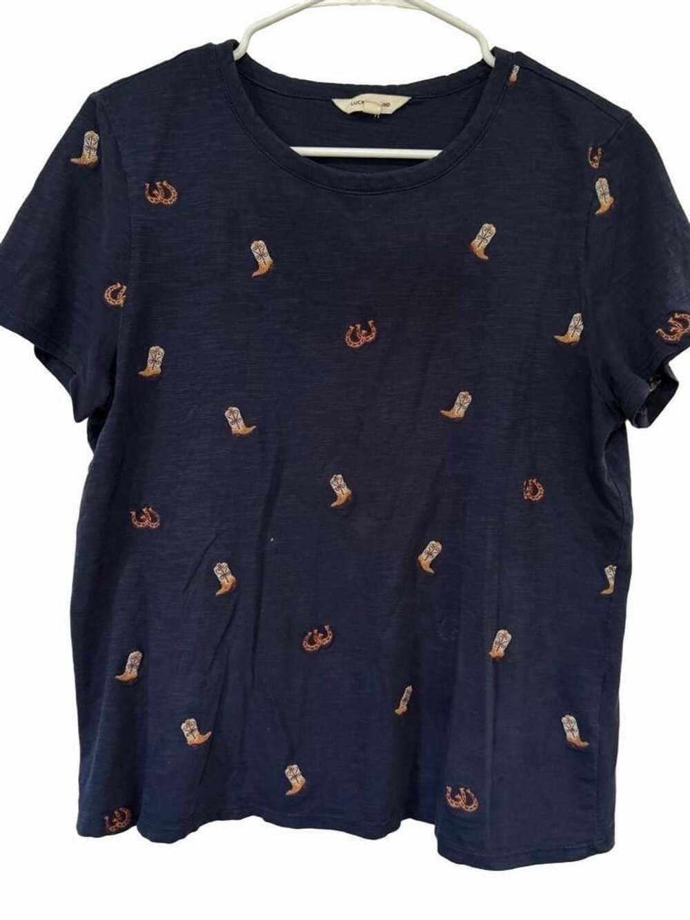 Lucky Brand Embroidered Cowboy Boots T-Shirt Size L Blue Cotton